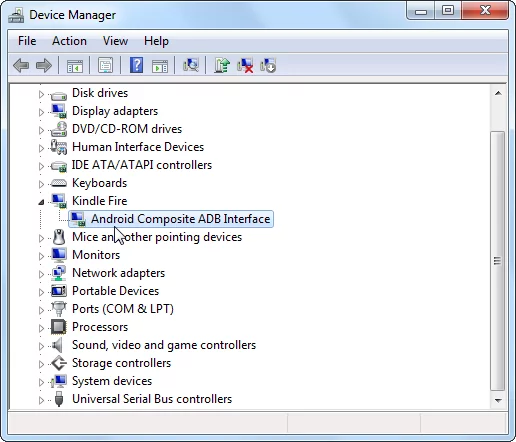 This is what you want to see in Device Manager after installing the ADB Kindle drivers