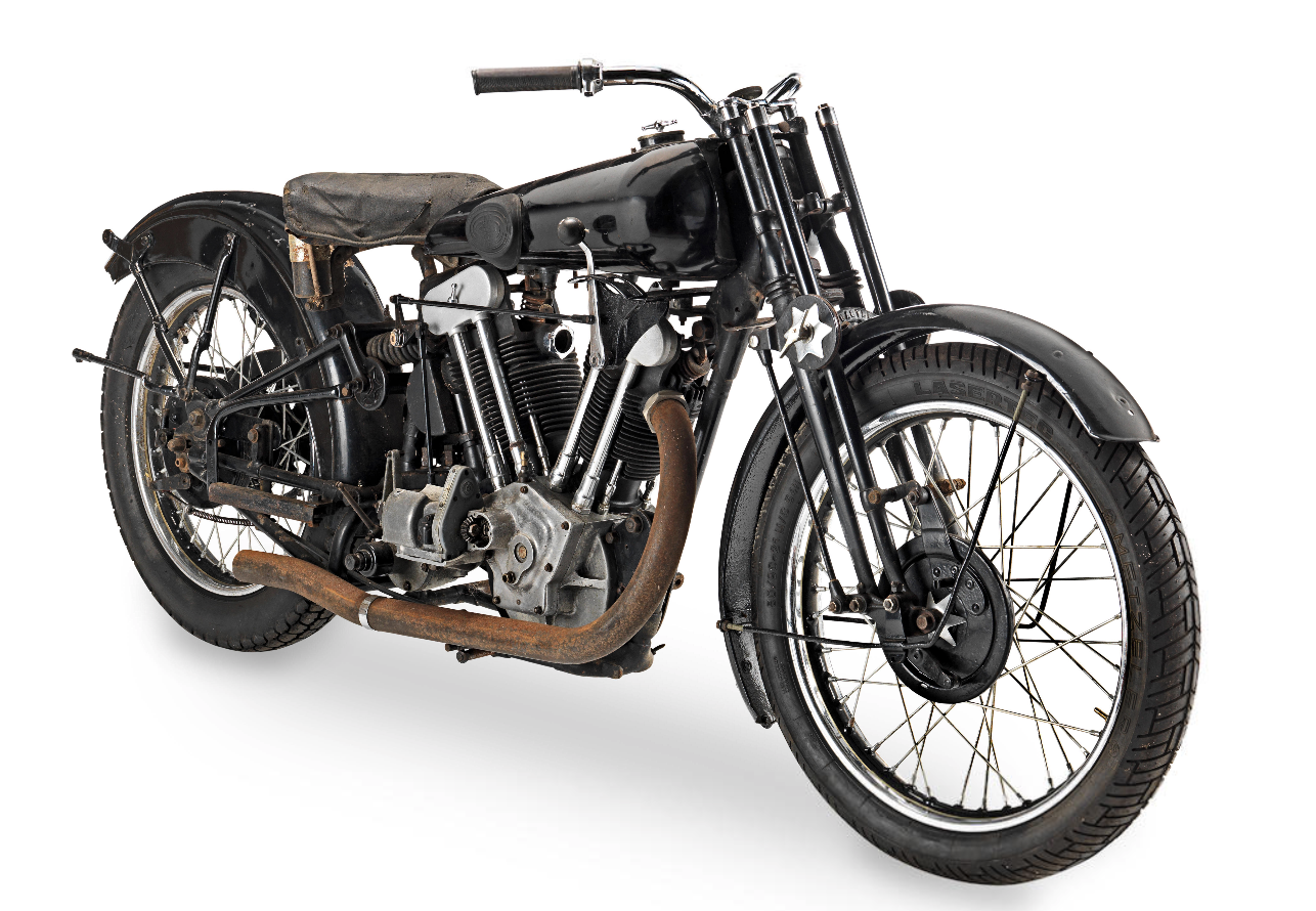 This 1933 Brough Superior 981cc SS100 Project sold for £161,000 after being stored since the 1970s. The bike's history makes a great story as it was purchased in 1963 for £33 as the first motorcycle for Jean Knight, a woman living in South London and working in North London , who used the bike for her daily commute for many years. Full story in the Auction Description.