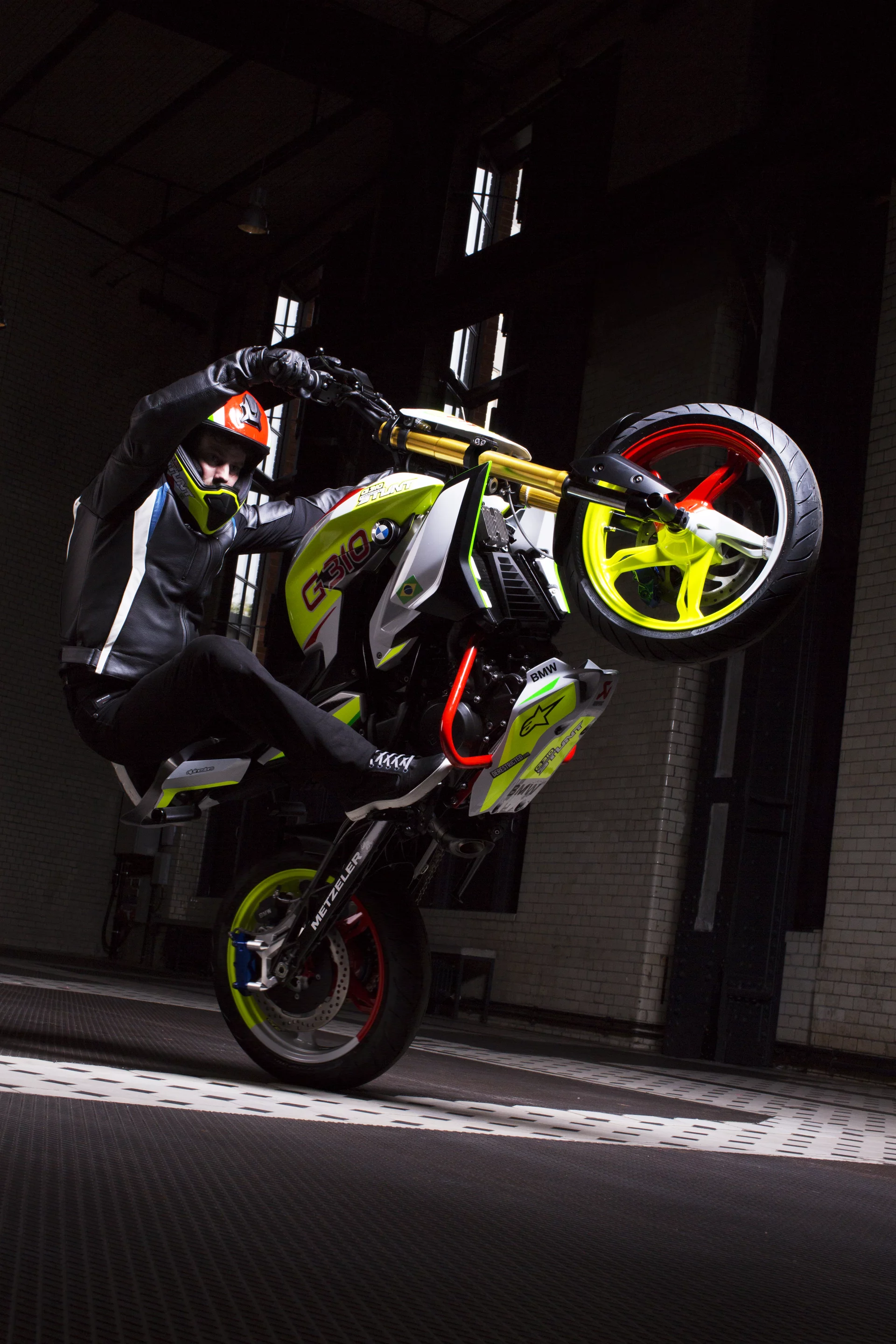 Christian Pfeiffer rides the BMW Concept Stunt G 310: wheelie