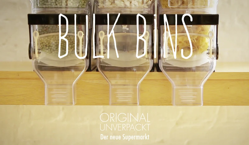 The products are then sold in bulk using gravity bins (upside-down containers with a lever where the user can decide exactly how much they need)