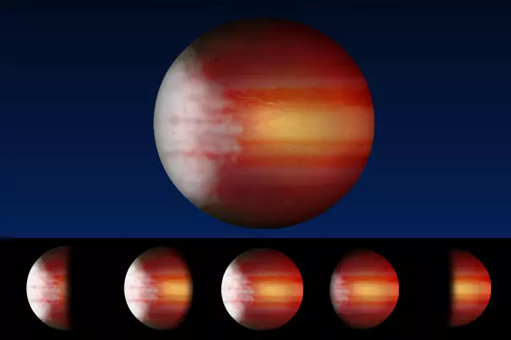 An artist's rendering of an exoplanet that exhibits a typical weather pattern of cloudy mornings and clear, scorching afternoons