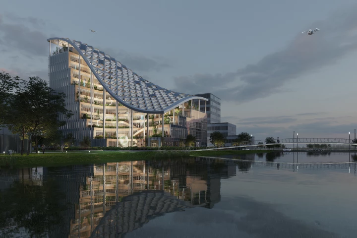 LAD HQ will be defined by a curving roof that shelters outdoor terrace areas and incorporates solar panels and rainwater collection systems