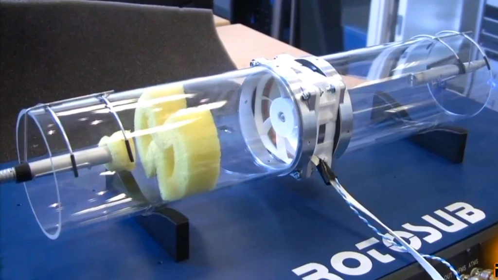 A RotoSub ANC-enabled fan inside an air flow distributor to demonstrate its noise-cancelling capabilities