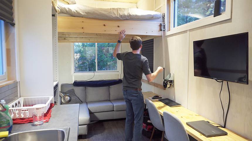 The home’s interior boasts Bennett’s very own queen size elevator bed that can be set to different heights