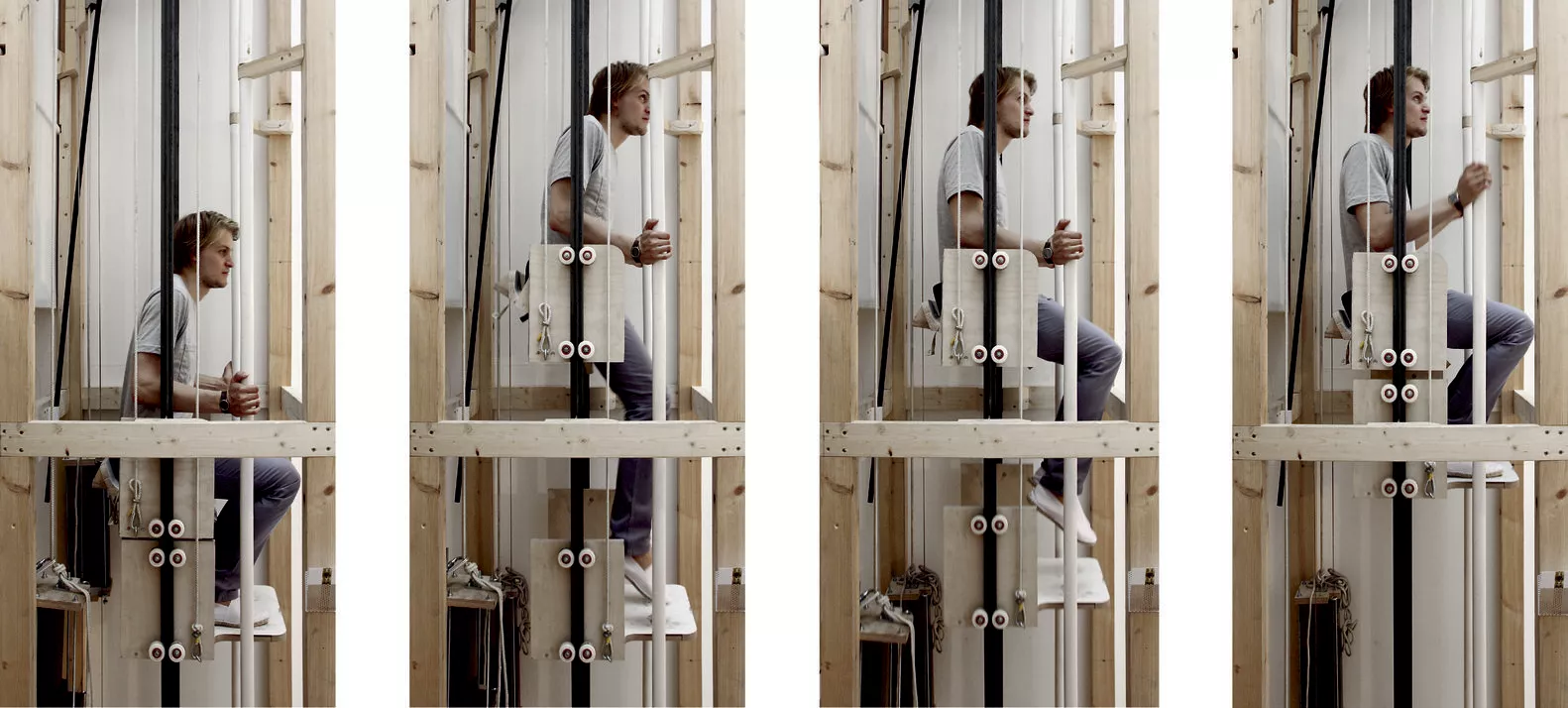 Designed by the Rombaut Frieling lab in Eindhoven, Vertical Walking uses a system of upright rails that incorporate pulleys and a clever gripping system to allow a user to incrementally move between floors in a building