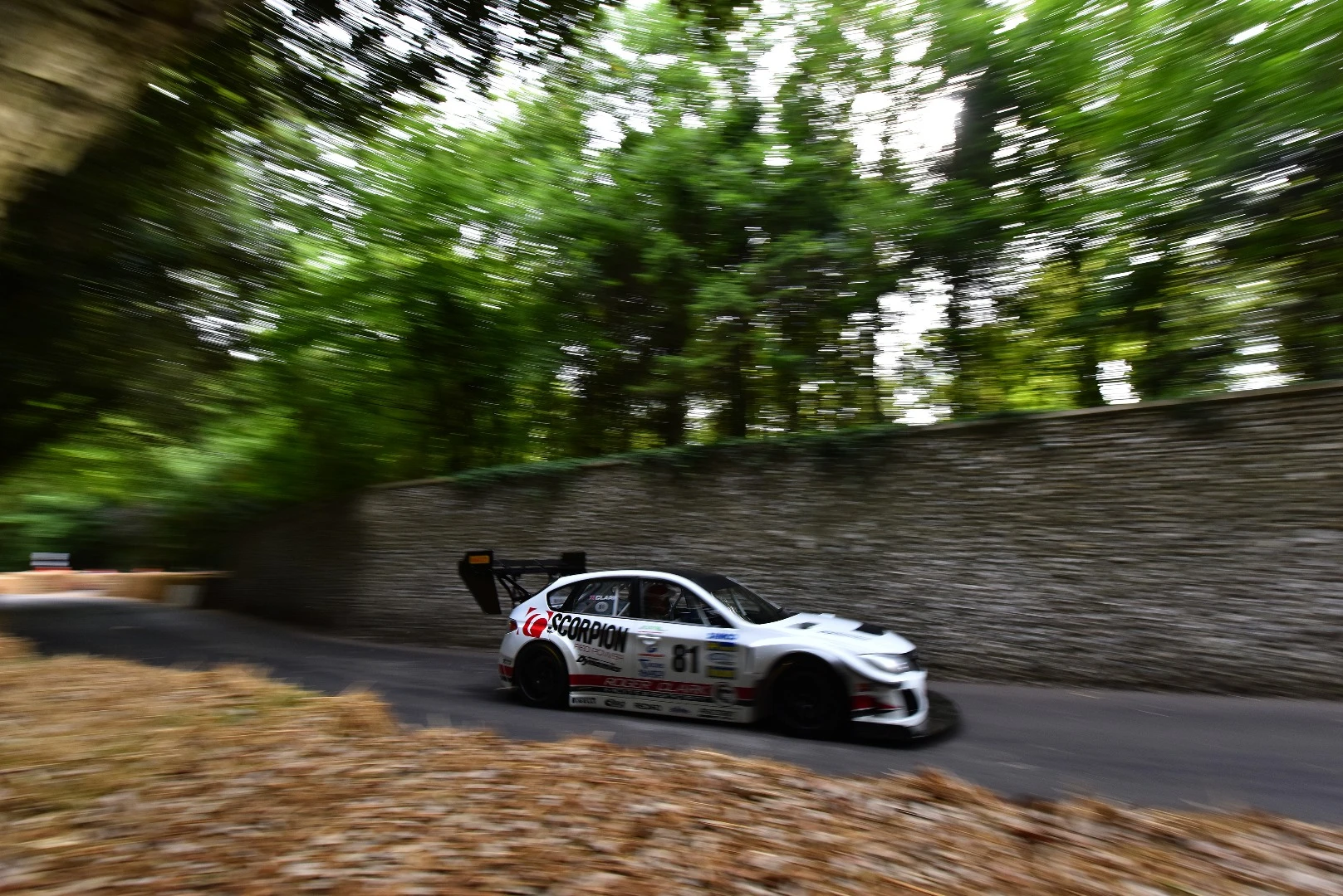 Olly Clark in his Gobstopper II, a 780 hp Subaru Impreza which topped the time-sheets for the weekend with a run of 44.91. Seeing the car in action, you'd find it hard to believe that anyone could go up the hill faster but ... in 1999, Nick Heidfeld in a McLaren F1 car went up in 41.6 seconds