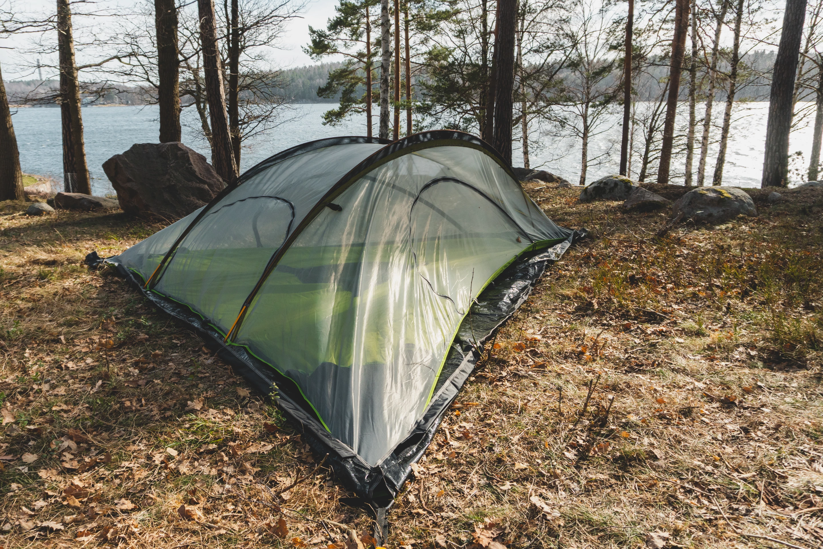 The Tentsile Stingray staked atop its protective footprint