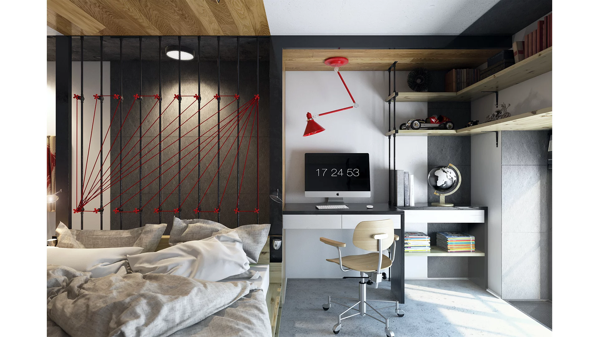 The loft includes an office/study, complete with built-in desk, shelves and overhead lamp