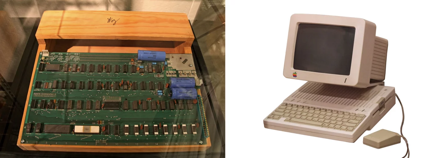 Left: Apple I computer with Steve Wozniak's signature. Right: an Apple IIc with monitor