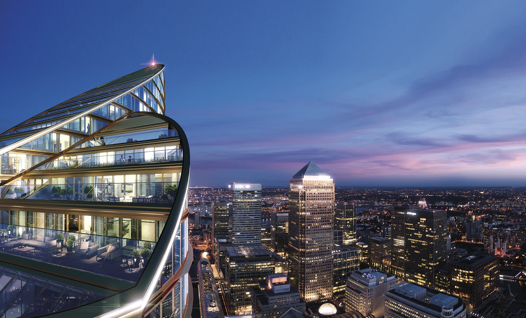 The building's premier and penthouse apartments will have outside terraces, made possible by the angled roofs of its three towers