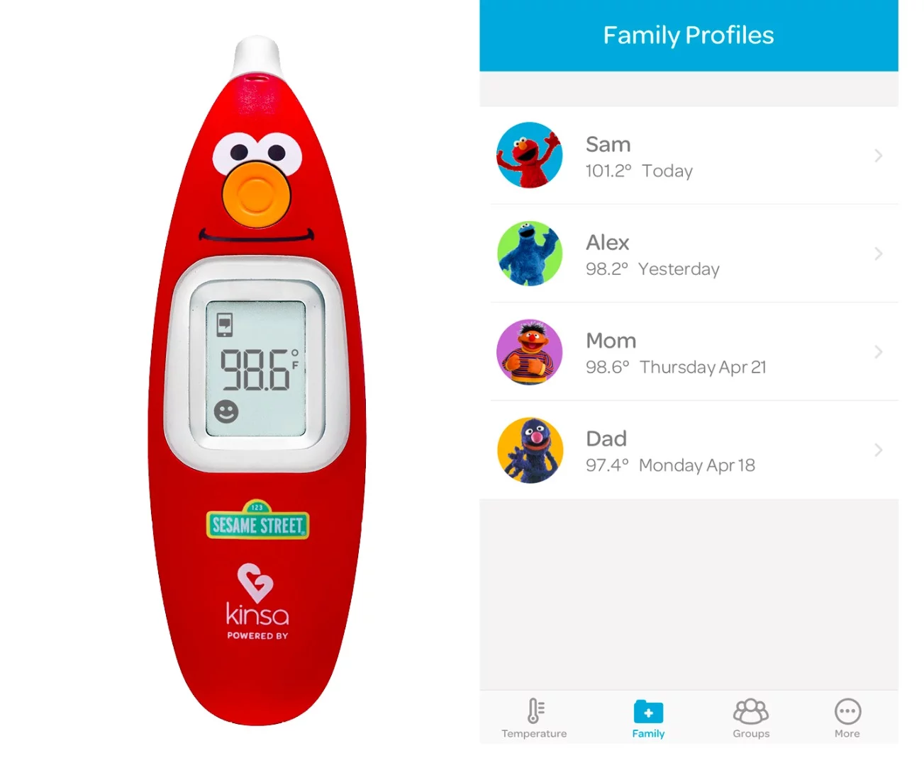 The Kinsa Sesame Street Smart Ear Thermometer is styled to look like Elmo