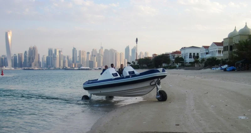 ASIS Boats' first amphibious craft to be powered by Sealegs is a 6.5 meter boat powered by a VOLVO V6 225HP engine and driven by a Hamilton Jet