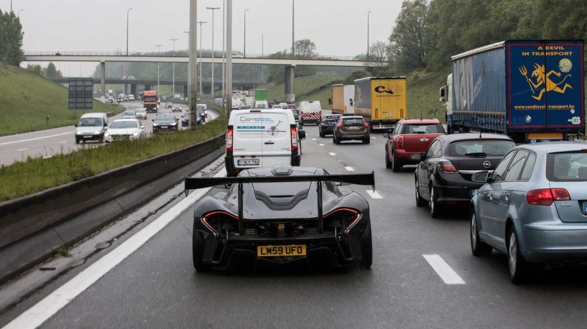 The McLaren P1 LM homeward bound on a choked autobahn after setting the fastest production car lap of the world's most demanding closed circuit