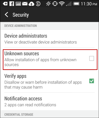 Don't allow apps from unknown sources on Android