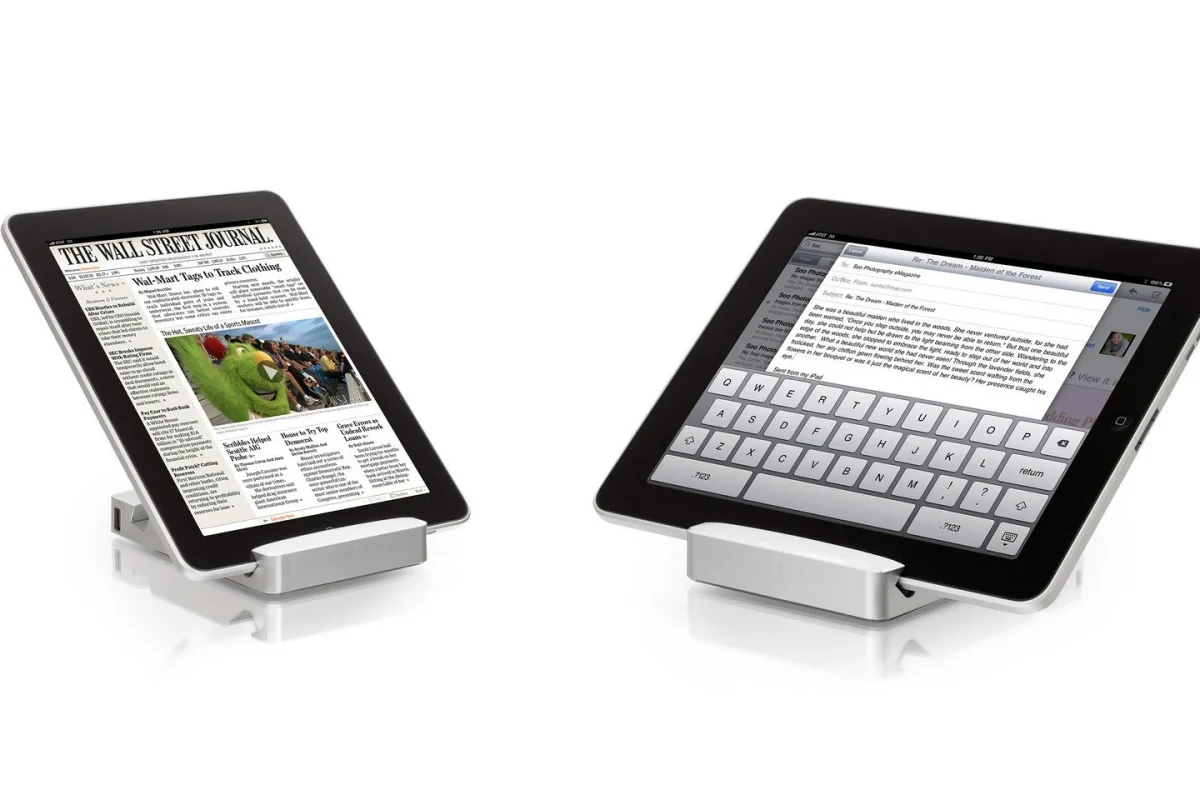 The HyperMac Stand from the Sanho Corporation combines an iPad stand with two angled viewing options, with a 16 hour backup battery pack