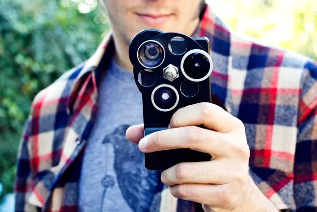 The iPhone Lens Dial features wide angle, fisheye and telephoto lenses, which swivel into place over top of the existing camera's lens
