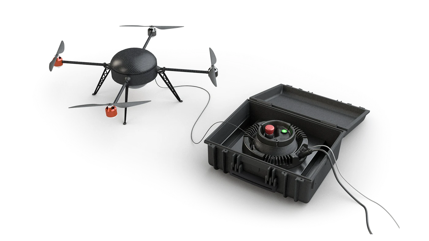 Elistair's ground stations hook up to multicopters to provide them with data transfer and continuous power