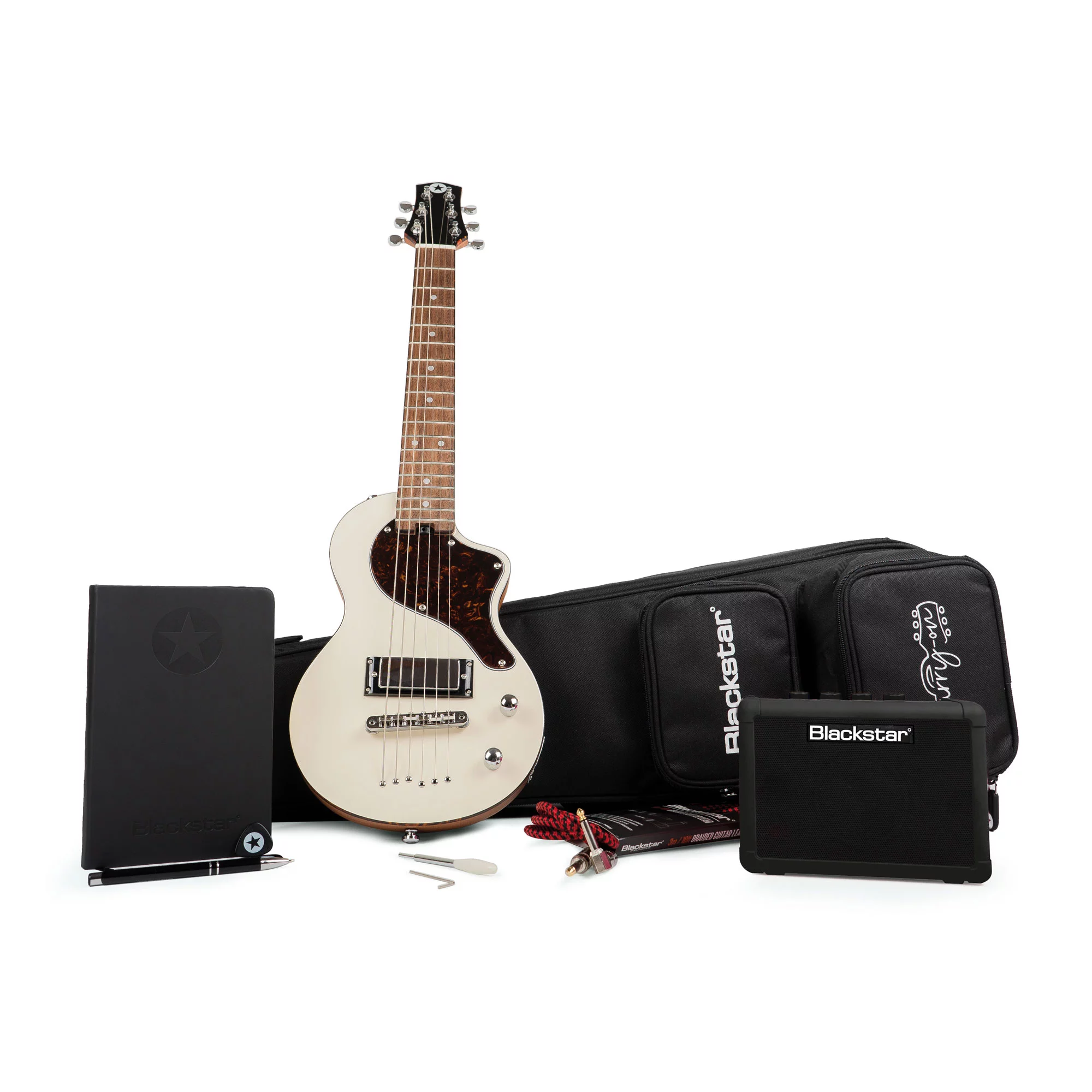 The Deluxe option comes with a Fly 3 Bluetooth mini guitar amp, braided cable, strap, picks, notebook and pencil, an gig bag