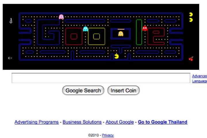 Pacman's 30th birthday tribute on the front page of Google