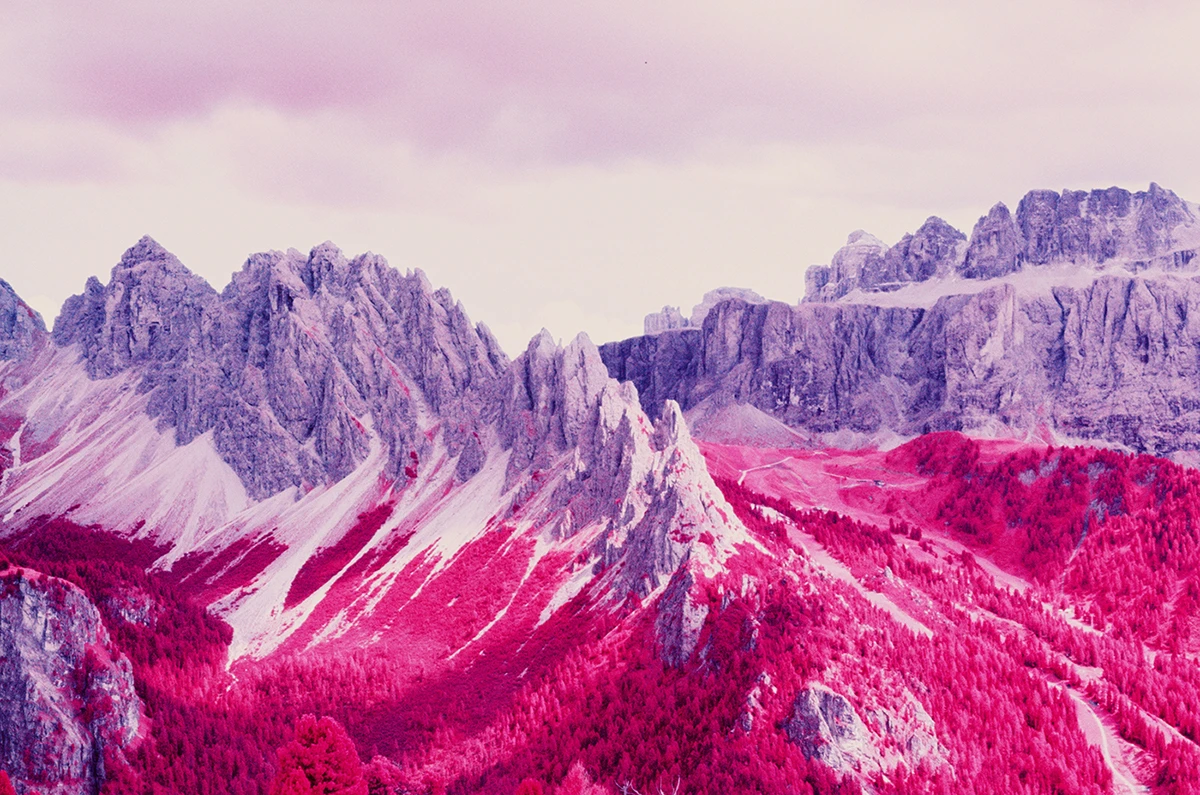 In 2017, two Italian photographers, Andrea and Francesco Padovani, hiked through the Dolomites and took a series of infrared photographs with some reclaimed old Kodak Aerochrome film stock (Credit: Andrea and Francesco Padovani / CC BY-NC-ND 4.0)