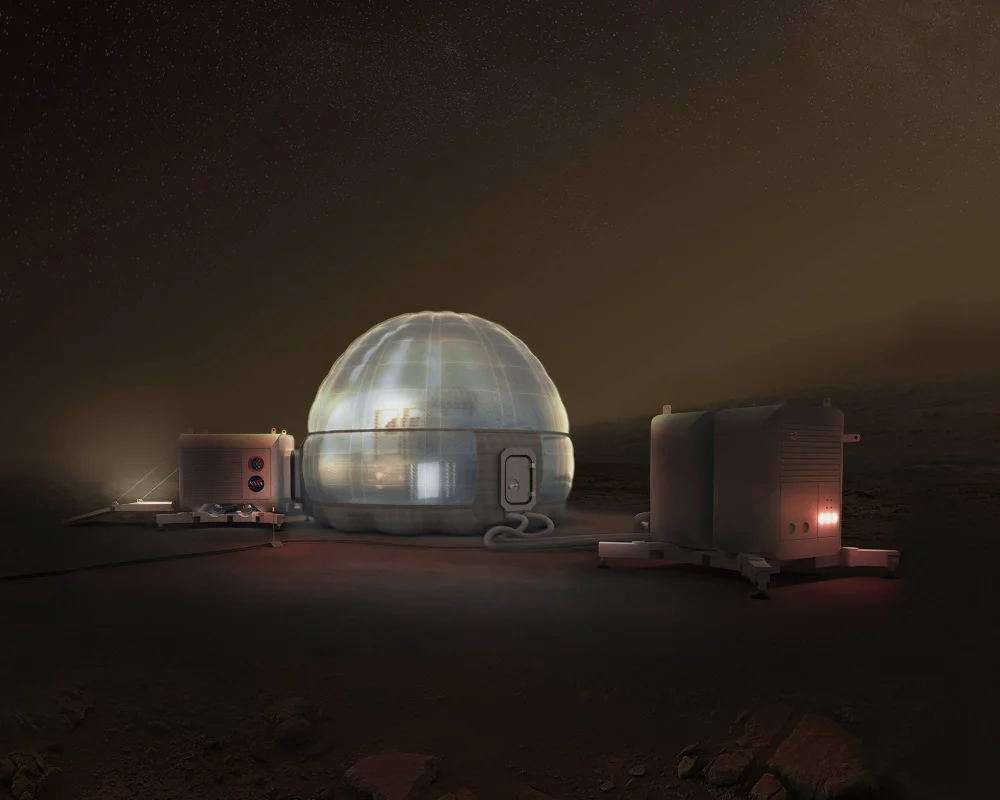 The Mars Ice Home is an inflatable structure that makes use of locally derived water to shield inhabitants against cosmic rays
