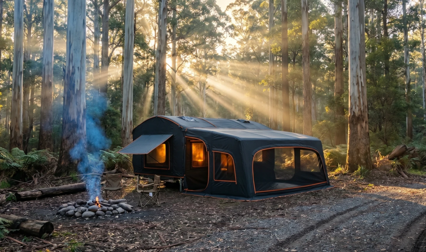 The MyGlamper Plus adds a second inflatable auxiliary tent to the Lite configuration, adding kitchen and bathroom space and/or room for up to 12 people