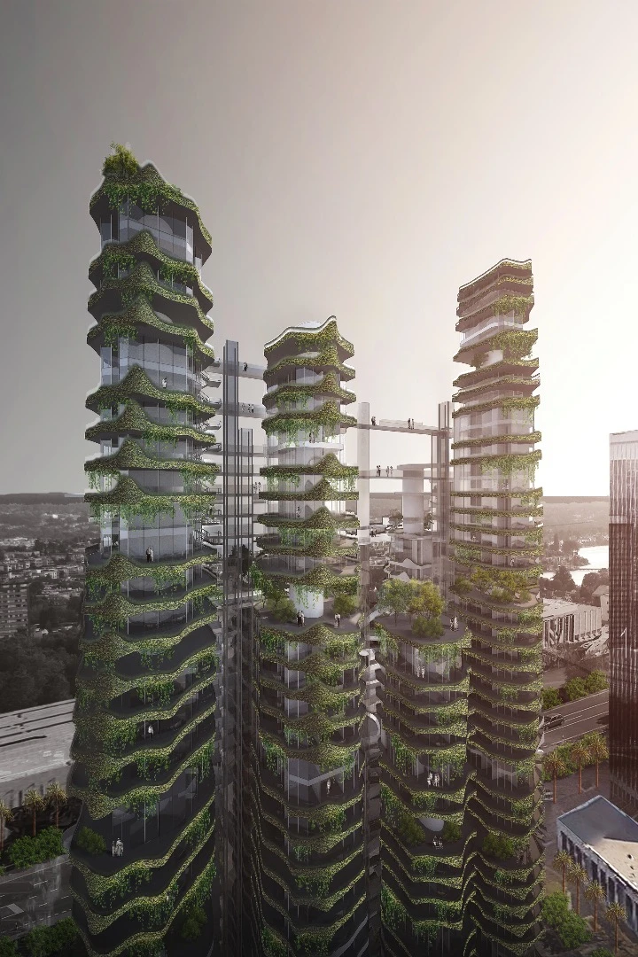 Nine interconnected towers dotted with greenery and public spaces would provide a city above the streets