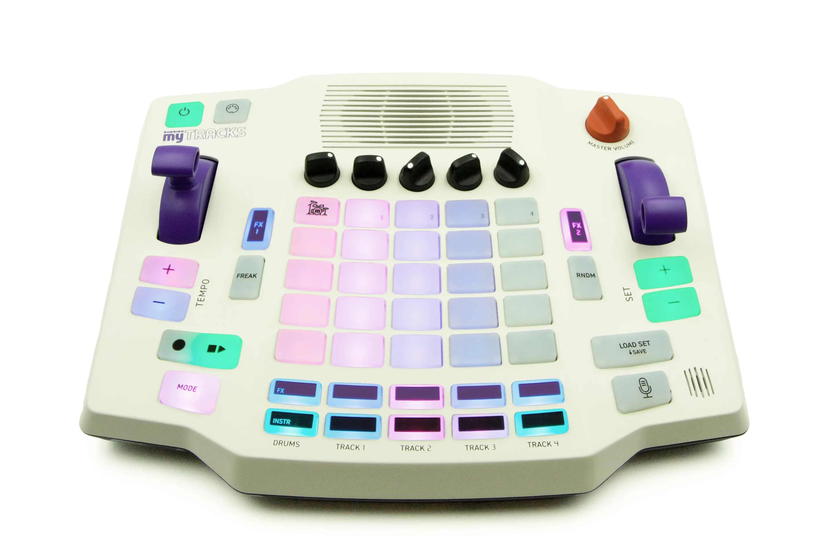 The Blipblox myTracks groovestation offers a 5x5 pad grid, dedicated function buttons, a built-in sequencer and an integrated microphone for vocals or samples