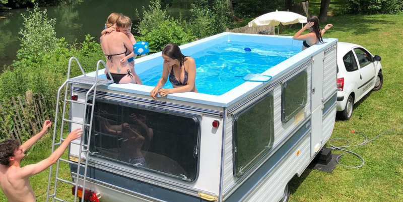 French artist Benedetto Bufalino has turned an old trailer into a swimming pool