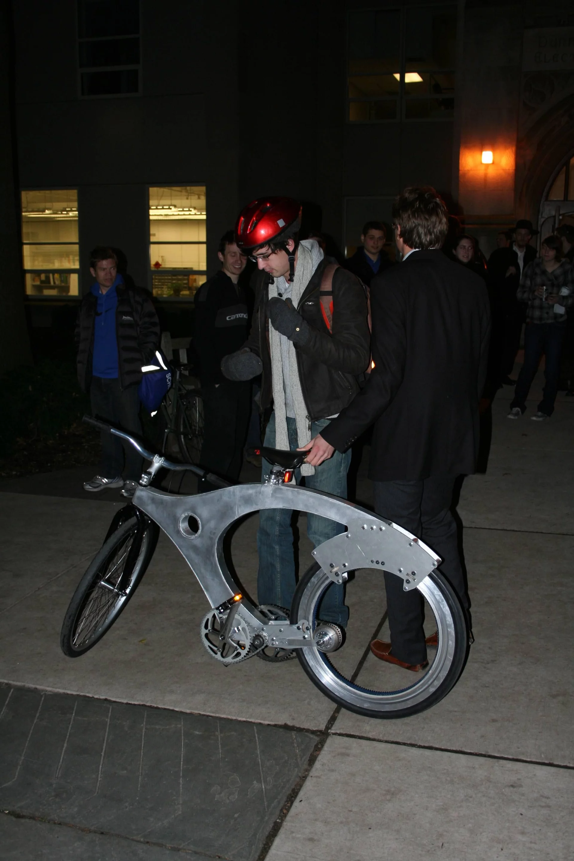 A student about to take "the ride of his life" on the spokeless bicycle