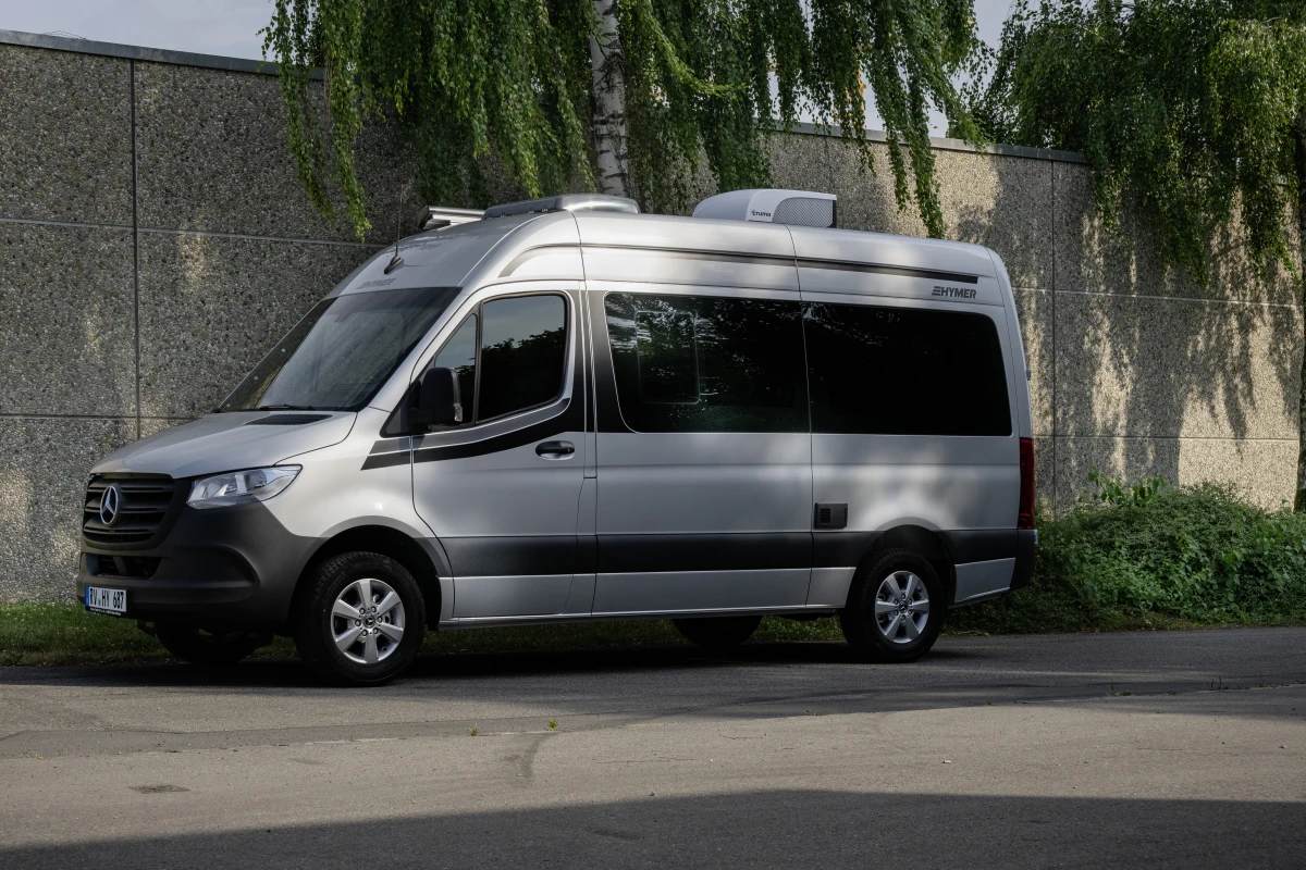 Launched in 2019, Hymer's DuoCar S has tinted windows, simple colors, and minimal exterior ports and flaps