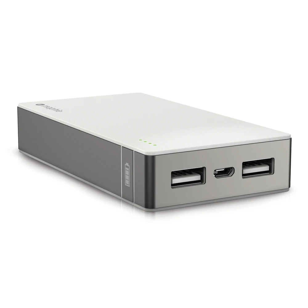 The white edition mophie juice pack powerstation duo sports two USB ports and is capable of charging two iDevices simultaneously