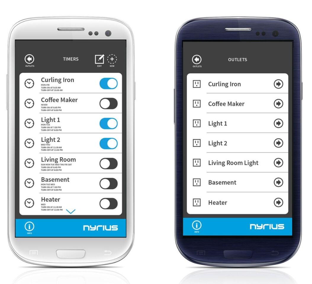 The Nyrius Smart Outlet app lets you control up to seven outlets on an Android device and three on an iOS