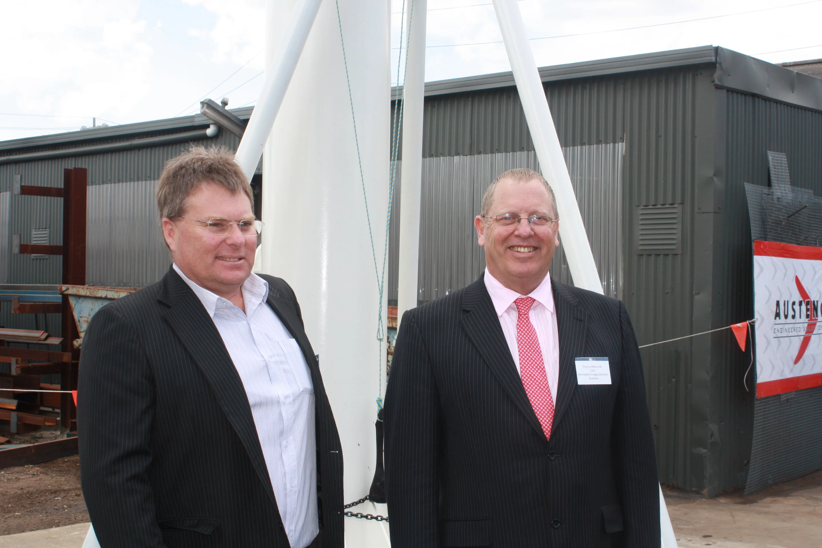Councilor Rod MacDonald, City of Greater Geelong pictured with Tony Le Messurier, CEO of Renewable Energy Solutions Australia Holdings Ltd at the unveiling of the Eco Whisper Turbine