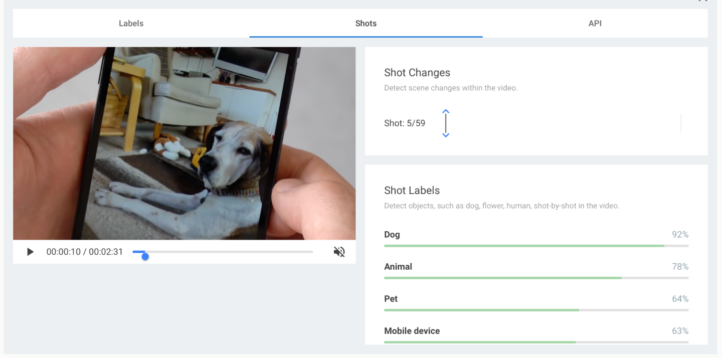 An example of the way the system isolates a single shot in a video and creates weighted tags for each identified element