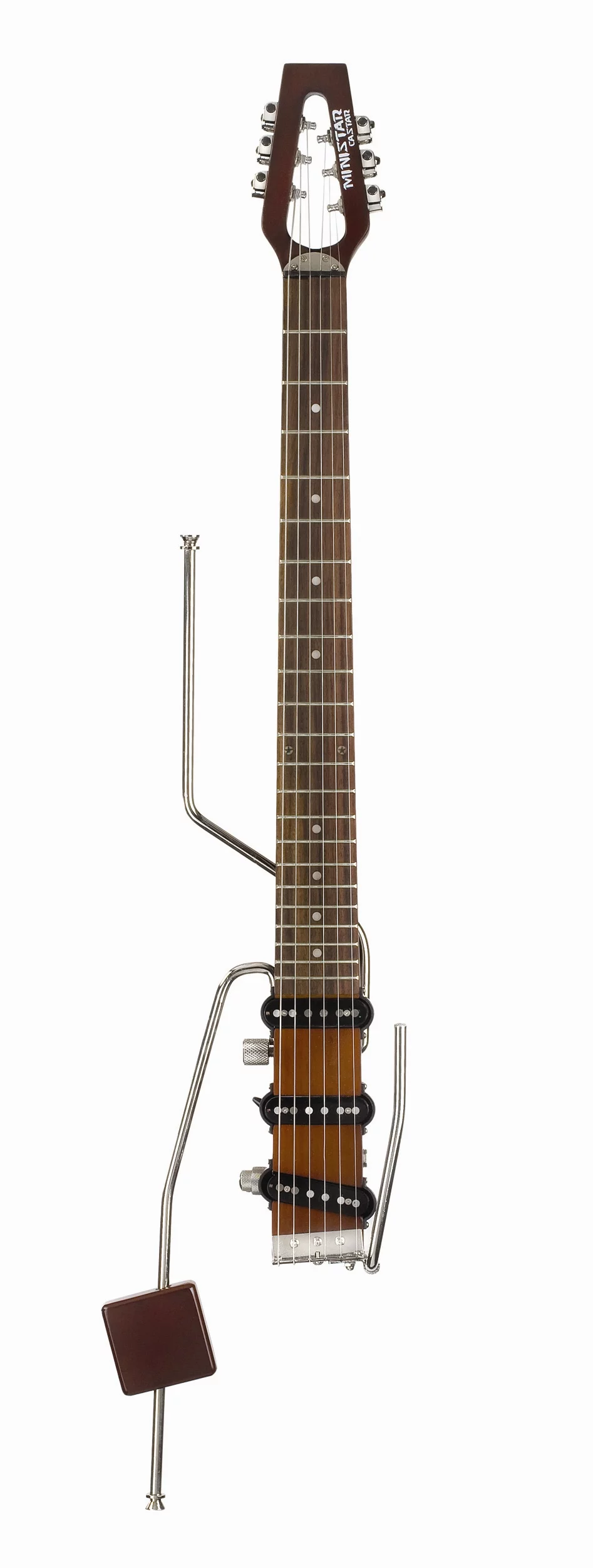 Those strange looking metal antennae pointing up and out don't, in fact, pick up Jazz FM but are slotted into the instrument to enable players to attach a strap to the guitar