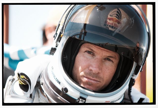 Felix Baumgartner in his custom pressurized space suit and helmet