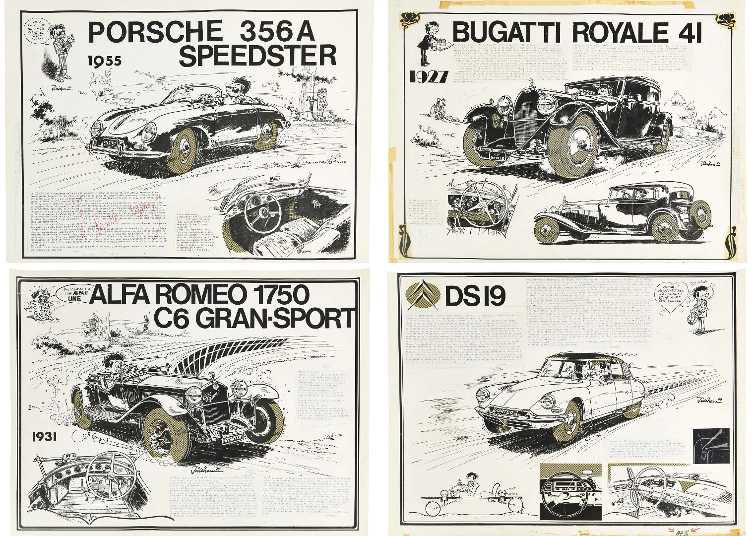 If you live in the United States, or for that matter, outside of Europe, it is difficult to comprehend the importance of matters automotive. In France, Germany and Great Britain, motor racing has for the last century been as much part of the daily conversation of the populace as the weather, and many automotive artifacts that are inconsequential in America, are of immense cultural importance in Europe. This is one such example, where the tradition of narrative art in Europe and the publication of the weekly comic art Le Journal de Spirou resulted in a much loved series of automotive posters by Jean de Mesmaeker (Jidéhem). The original art of the posters which comprised the The Chronicle of Starter were up for grabs and they did not disappoint. Sold for $7,964 (€6,500) each each.