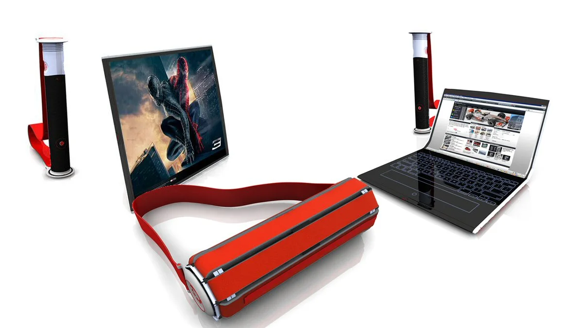 The Rolltop concept proposes wrapping a flexible OLED display around a central column for easy transport, and unrolling it when needed for tablet, monitor or laptop functionality(All images: Orkin Design)