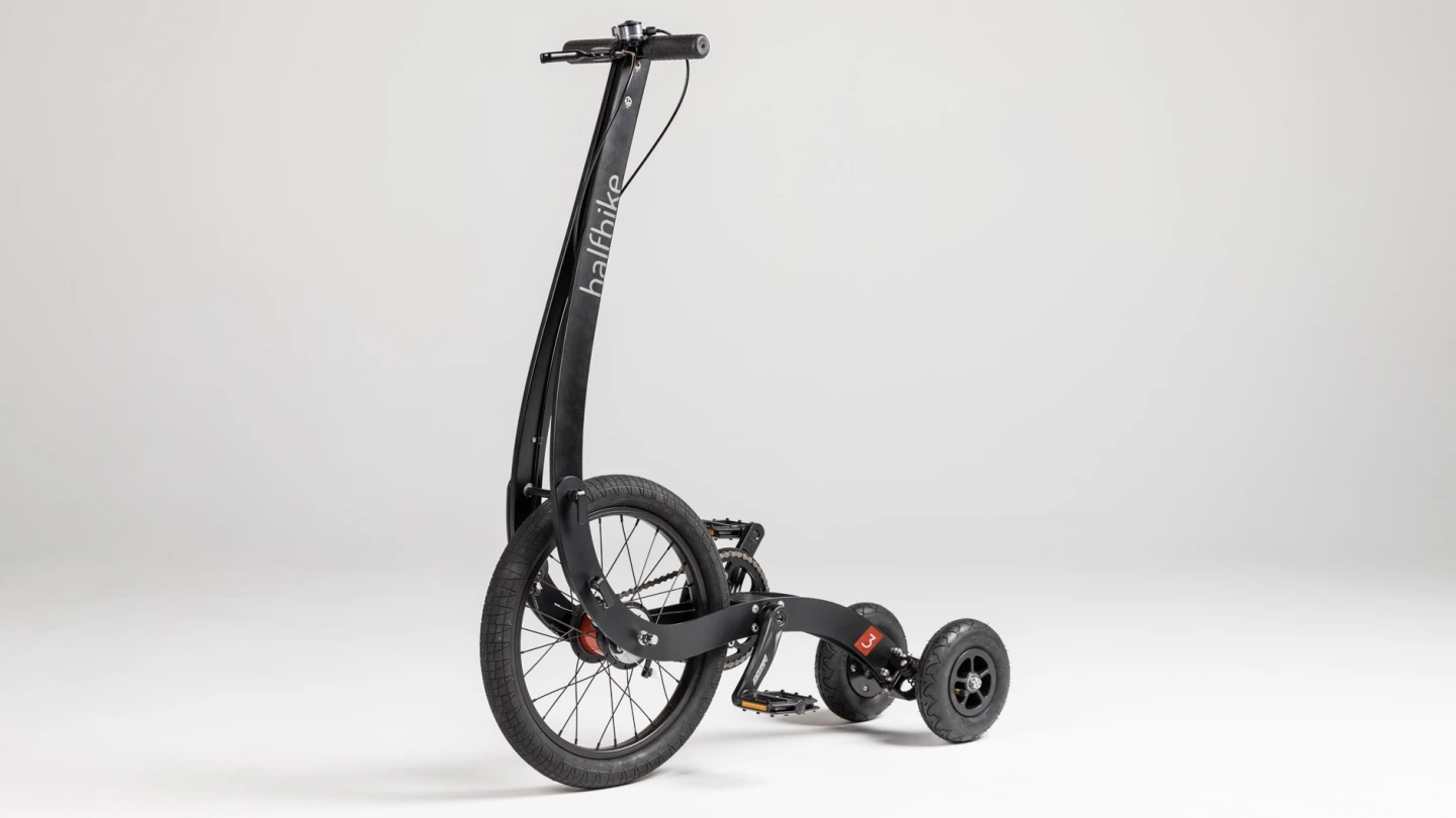 The Halfbike 3 weighs a claimed 19. 5 lb (9 kg), and can handle riders weighing up to 210 lb (95 kg)