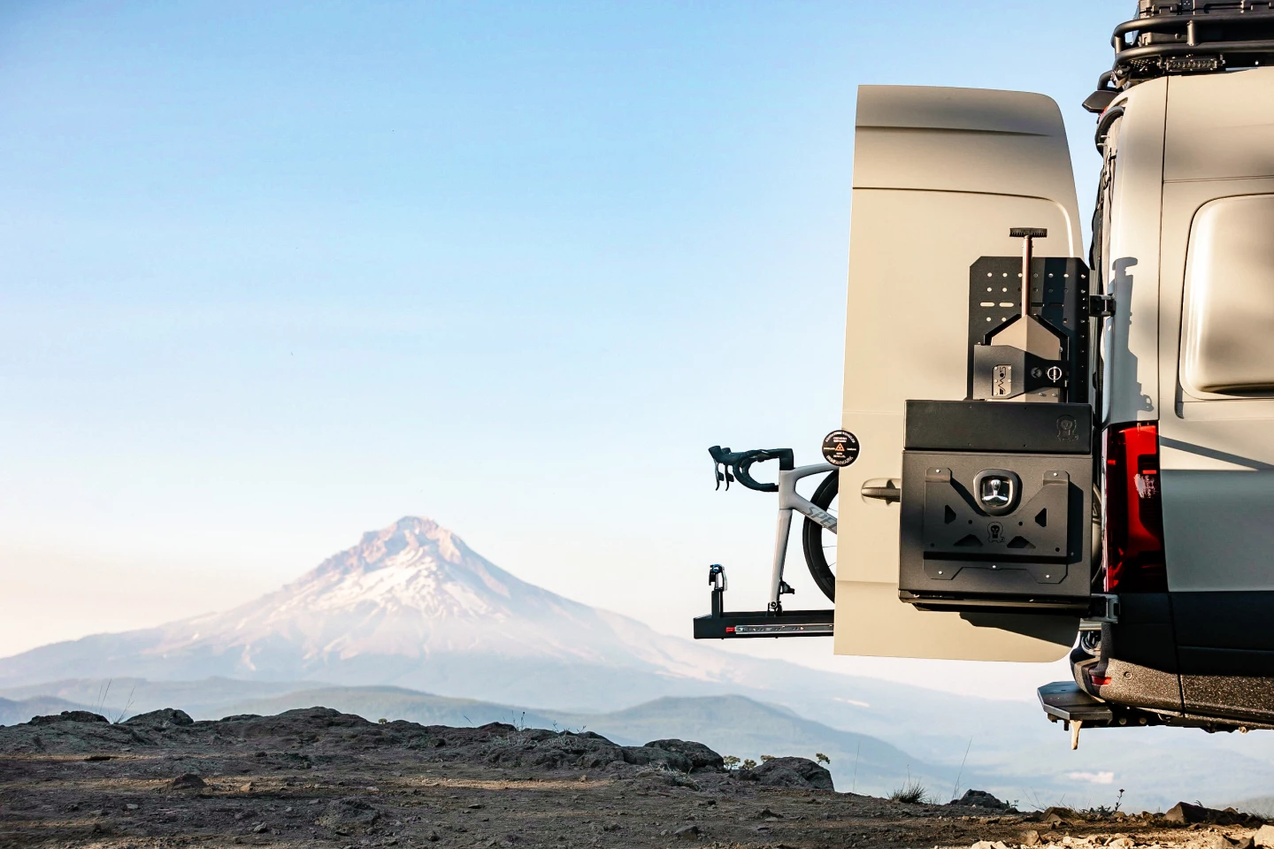 A rear door rack, a slide-out interior bike tray and a volcano