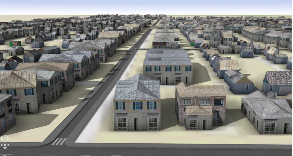 A computer model showing a range of house styles and streets