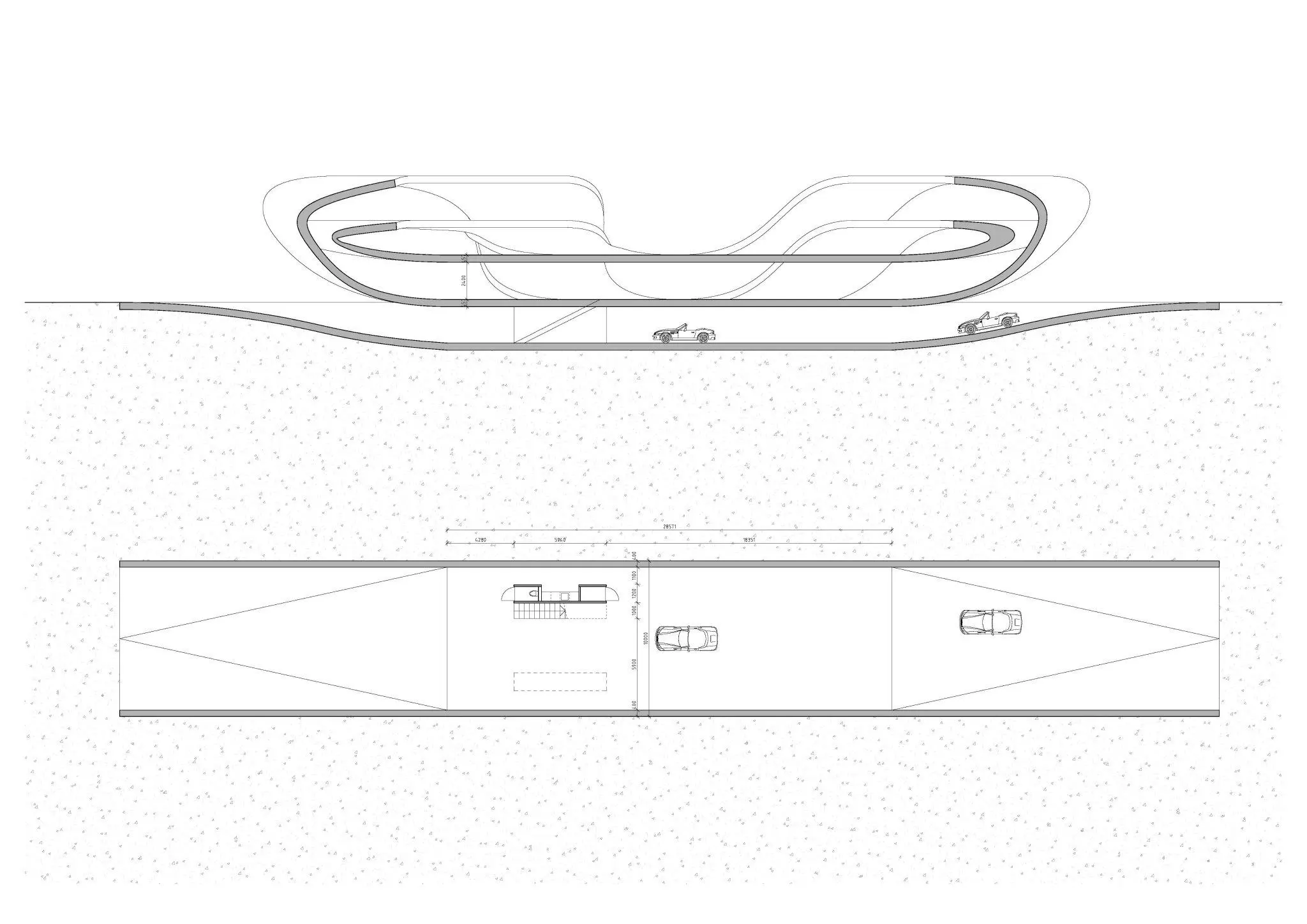Section and plan drawing of the proposed basement and parking zone of the Landscape House design (Image: Universe Architecture)