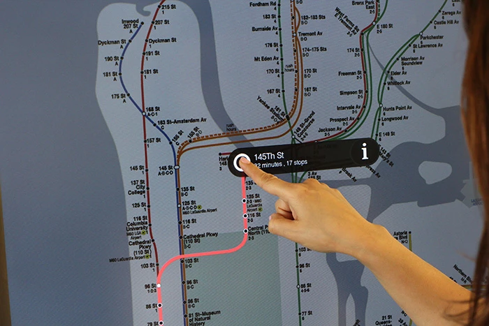 The touch screen map will even factor in current service outages and give an estimated travel time along with the number of stops before they reach their destination