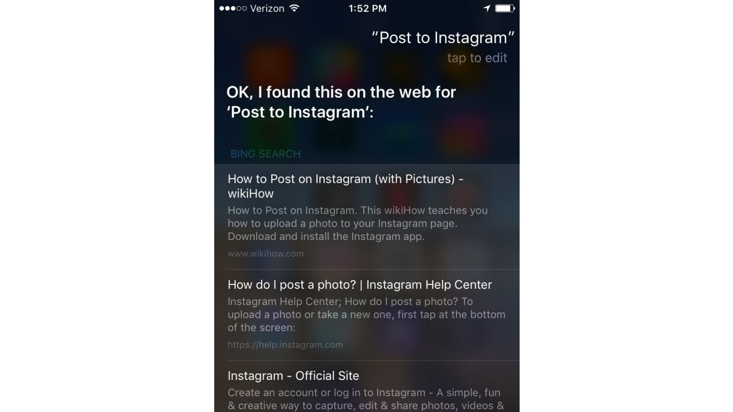 When you ask Siri to post to Instagram, you may get Bing results