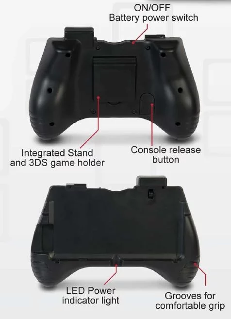 The Nintendo 3DS Deluxe Power Grip comes with an integrated stand that allows users to store a spare 3DS game underneath when it's folded
