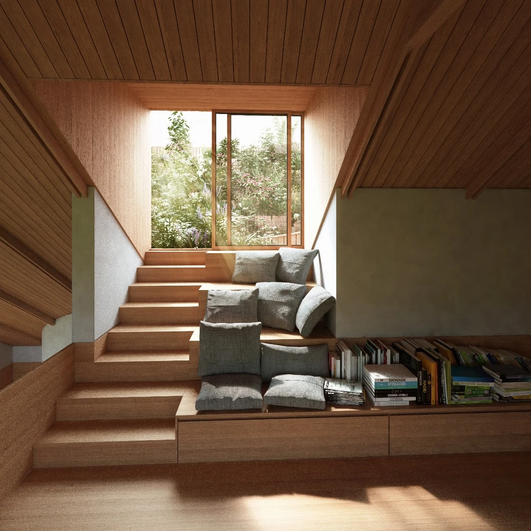 Wooden stairs lead to the rooftop garden