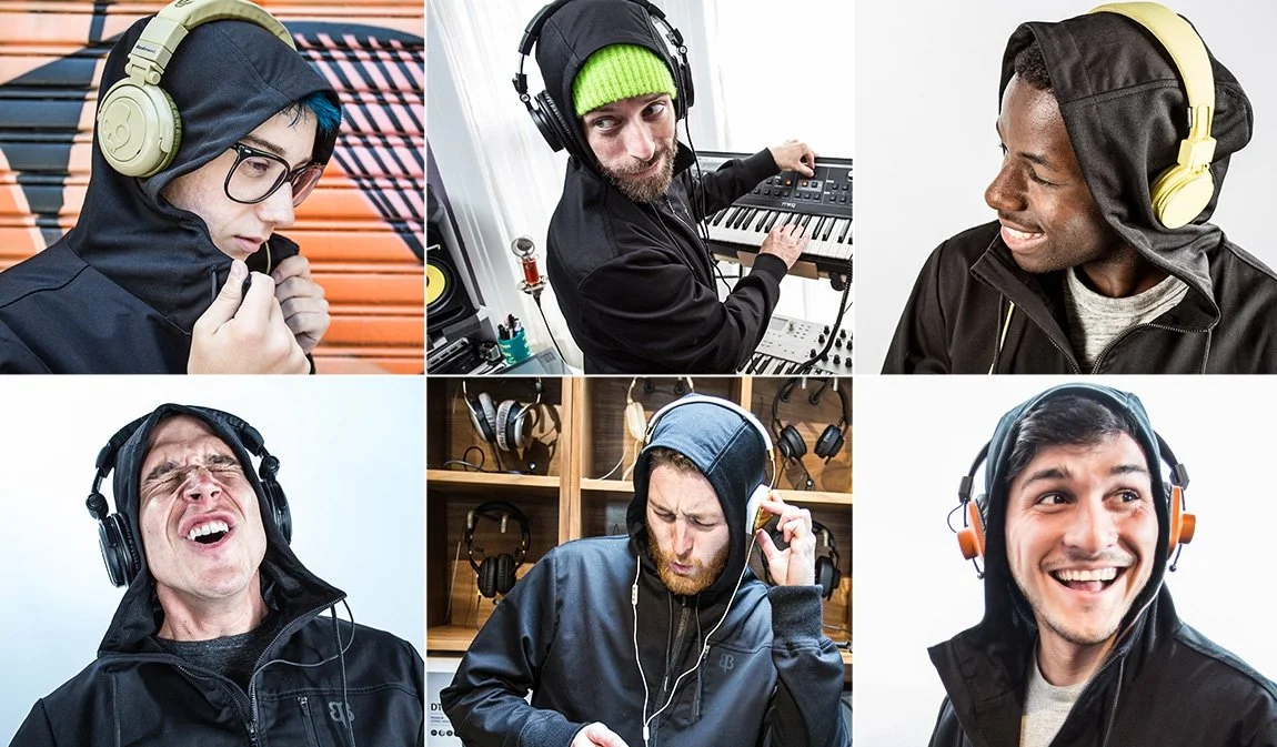 A montage of photos showing Audio Engineer's Hoodie being used