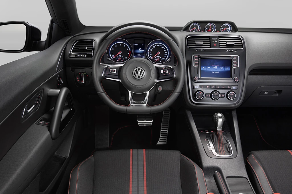 The Scirocco GTS features a sports steering wheel with red seams