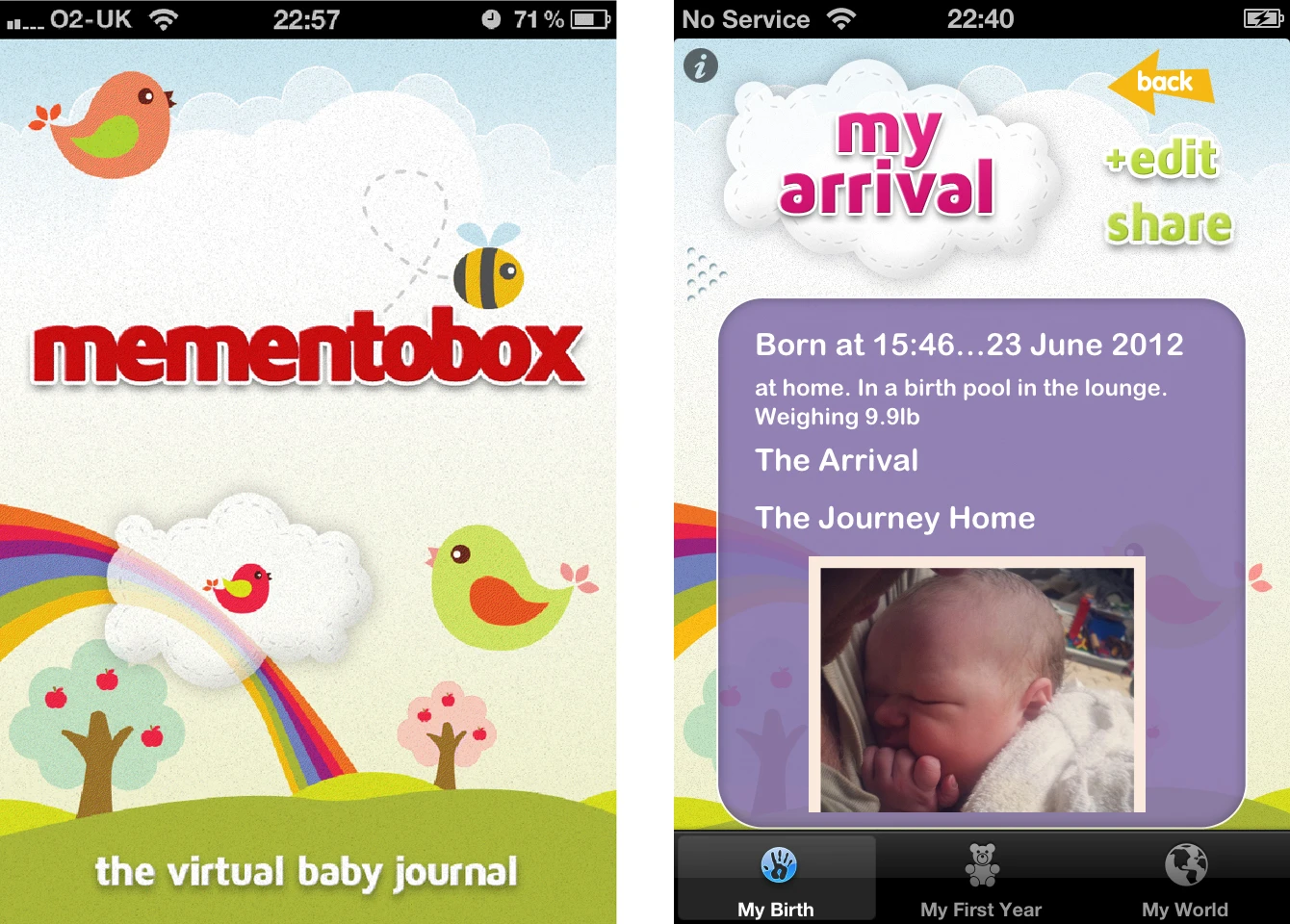 The Mementobox app itself is divided into three sections, My arrival, My first year and My world